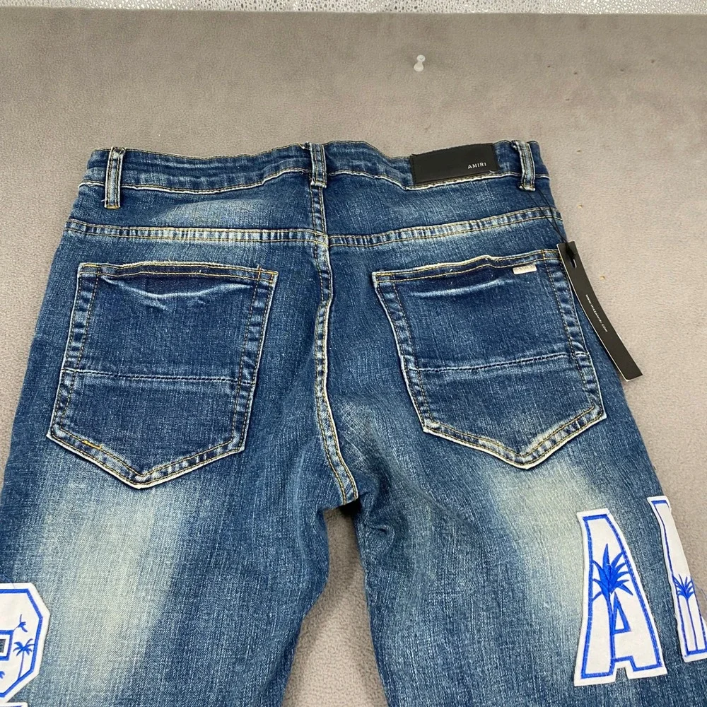 Amiri Men Blue Distressed Graphic Palm Tree Patch Denim Jeans 32